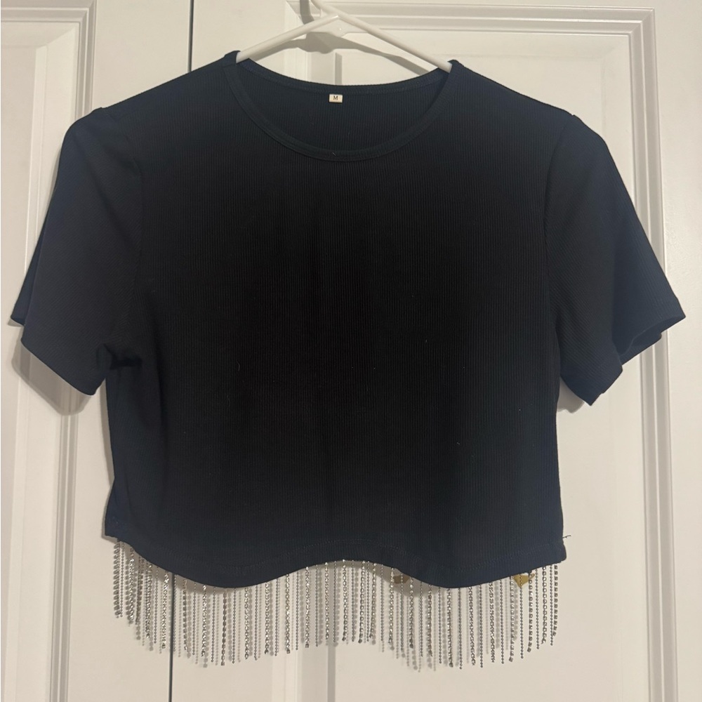 Black Beaded Hem Crop Top